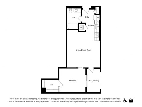 Floor plan for 1 bed, 1 bath, 770 sqft